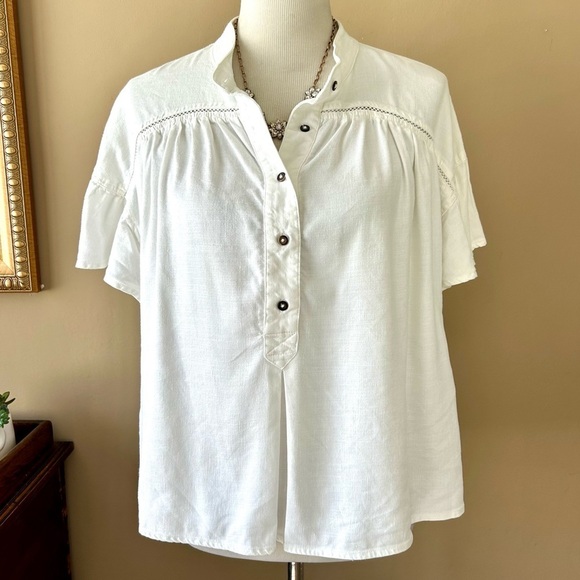 Anthropologie Maeve Sylvan White Linen Top Ruffle Flutter Sleeve Henley Size M - Picture 2 of 11